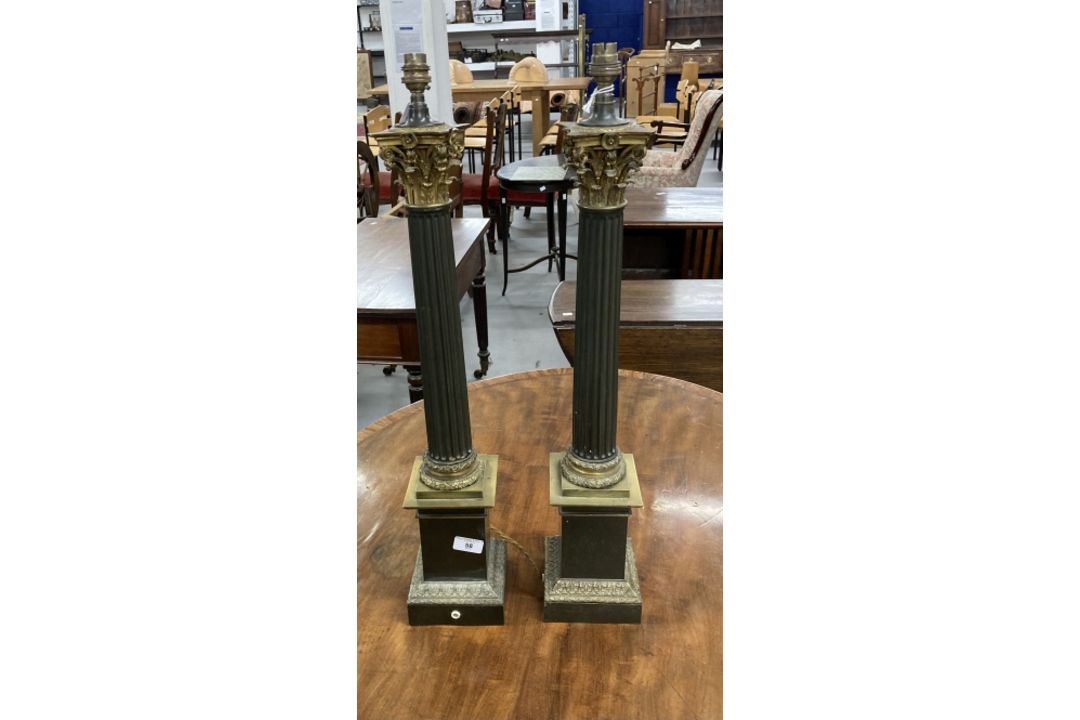 Lighting: 20th cent. Reproduction brass Corinthian column table lamps, a pair. Height 28½ins. (A/F) - Image 1 of 3