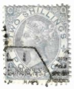 Stamps: GB 1867, SG120b, 2/- milky blue, plate 1 (QC), perforated, clipped perfs SW corner. Plus