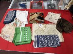 Fashion: Scarves Jacqmar brown and coffee square printed, Jacqmar logo. Poppy scarf, green ground,
