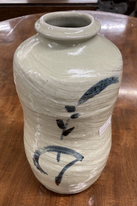 Mike Dodd b1943: Stoneware vase waisted shouldered form with collar rim covered in a thick ash
