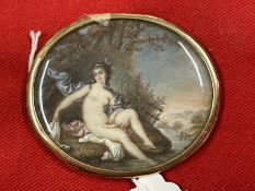Continental School: Miniature, nude in a landscape in a yellow metal oval frame. 2ins. x 2?ins.
