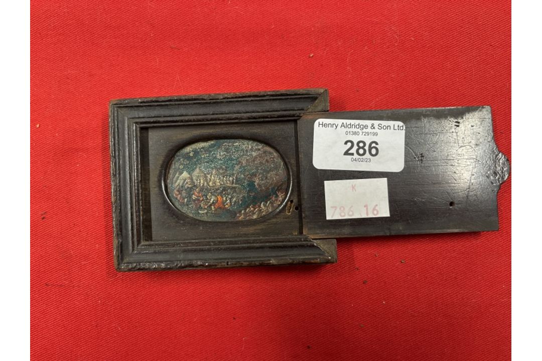 Continental School: Miniature of a Biblical scene on copper contained in a treen box with sliding - Image 1 of 5
