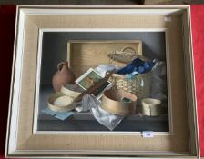 Gerald Norden: Oil on board still life Baskets and Boxes, signed lower right Norden 68, framed. 15½