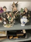 20th cent. Capodimonte figure groups, a tramp on a bench, two musicians and an angler at rest,