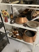 Metalware: Late 19th cent. Two branch candelabra figure on a scroll base, pewter tankards, two