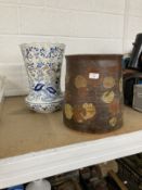Studio pottery, large glazed terracotta pot in browns and ivories decorated with leaf motifs,