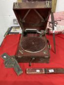 Militaria: Early 20th cent. WWI metal helmet with liner and webbing chin strap, pistol holster,