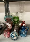 Glass: Mary Gregory green vase, ruby vase with child and a bird, two smaller ruby vases both with