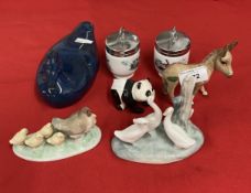 Ceramics: Poole blue pottery duck, Beswick donkey 4¼ins, Beswick panda 3ins, Lladro group of geese