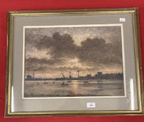 Vincent Plant: c1900 Mall Gallery Pastel Society Docks at Sunrise/Sunset, pastel, signed V. Plant,
