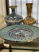 Pottery: Indian Bombay School of Art pottery vases one slip painted earthenware round body with a