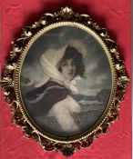 19th cent. Mezzotint of shepherdess plus another wood carrier, both in oval show wood gilt frames.