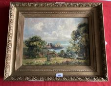 English School: Oil on board, figures on a coastal path, framed. 11½ins. x 15½ins.