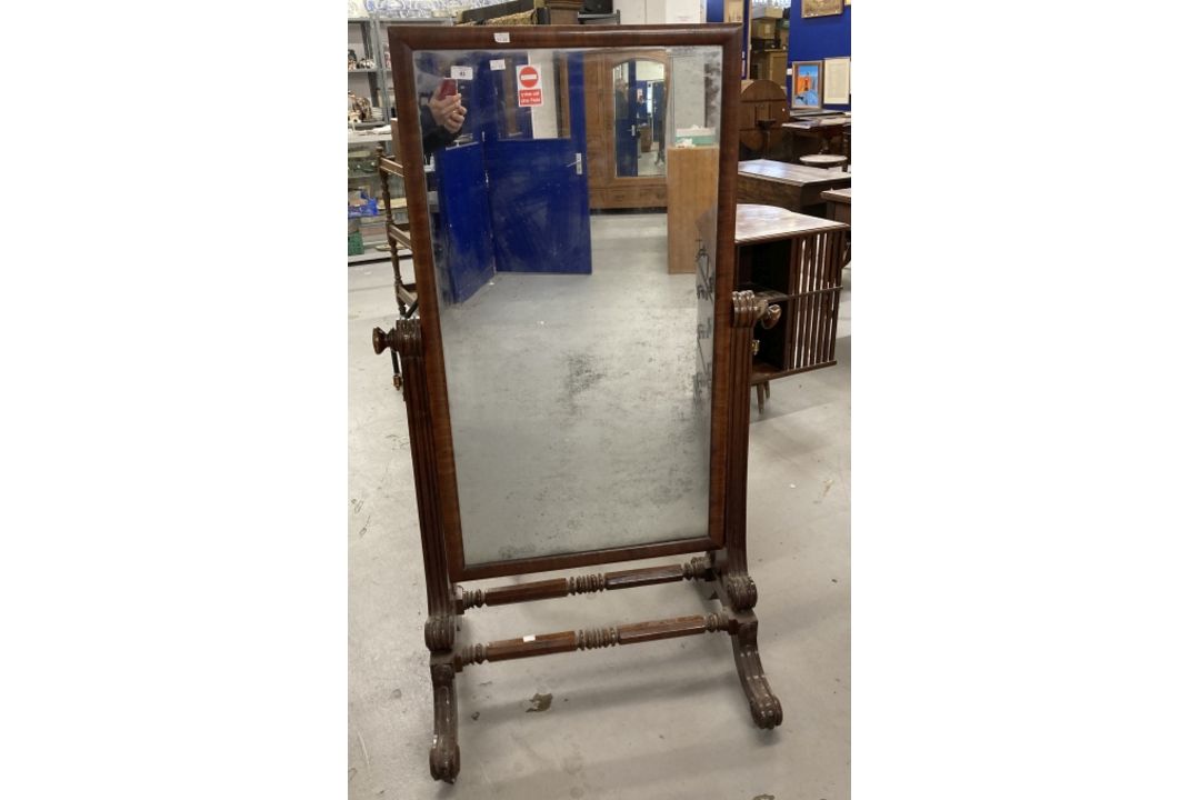 Mid 19th cent. Mahogany framed full length cheval mirror on pedestal supports with twin turned - Image 1 of 5
