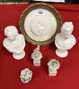 Late 19th cent. Parian busts of Louis XVI and Marie Antoinette, porcelain plaque in a modern