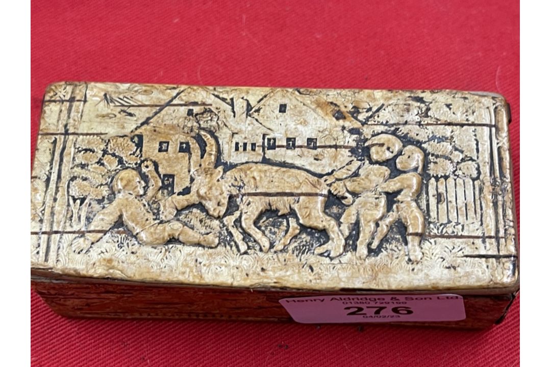 Collectables/Boxes: French P.O.W. snuff box, wood covered in pressed leather depicting a humorous - Image 3 of 3