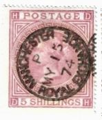 Stamps: GB 1867-74, SG127 5/- pale rose, unable to determine plate number but obliterated with May