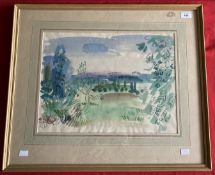 Raul Dufy (After): Pastiche watercolour landscape with church, framed and glazed. 13ins. x 19ins.