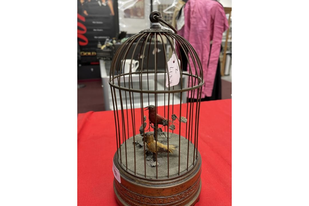 19th/early 20th cent. Continental bird automaton, brass cage, two songbirds on branch with - Image 3 of 9