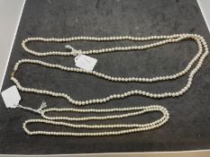 Jewellery: Necklet, single row of cultured pearls. Length 36ins. Plus necklet, single row of