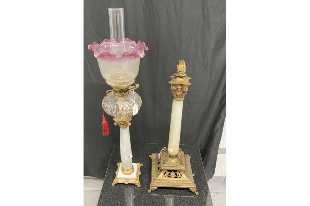 Lighting: Oil lamp on square porcelain base and column with gilt metal mounts, Corinthian capital,
