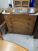 19th cent. Marble topped painted dressing chest of four long drawers on bracket feet, lyre shaped