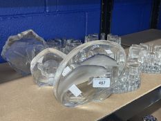 20th cent. Art Glass: Mats Jonasson, Sweden clear paperweights, dolphins, elephant and lion cub,