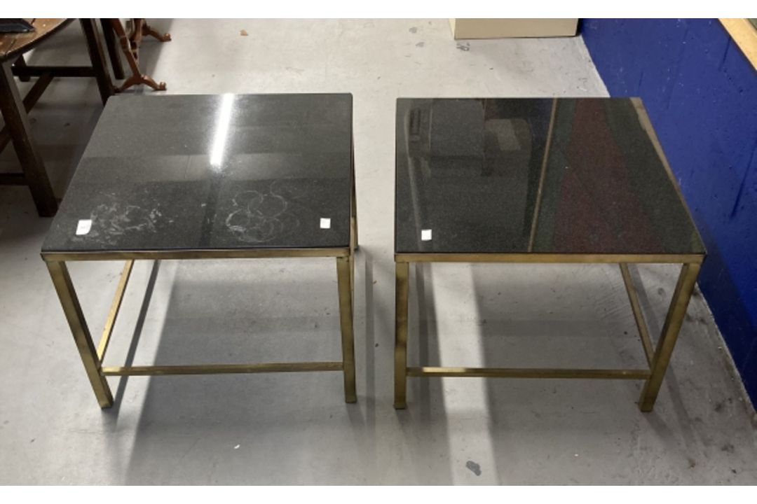 20th cent brass and marble side tables, square brass legs, joined stretcher and drop in marble
