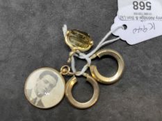 Jewellery: Yellow metal pair of hoop earrings, swivel charm A/F and a round picture pendant, glass