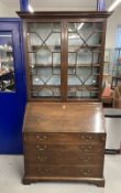 Georgian mahogany bureau bookcase with astragal glass, some panes cracked (5), and fitted