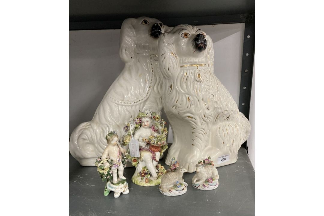 Ceramics: Late 19th cent. Staffordshire dogs, a pair, 14ins. Late 18th century cherub figures x 2