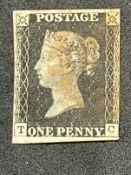 Stamps: GB 1840 SG2 1d black (TC) believed to be plate 5, three good margins RH thinned, WM 2