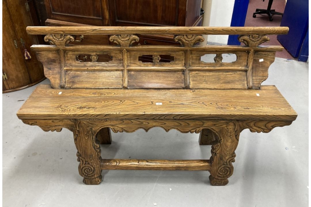Chinese elm bench with weathered finish, shaped panelled back solid seat on shaped cut out legs with - Image 1 of 2