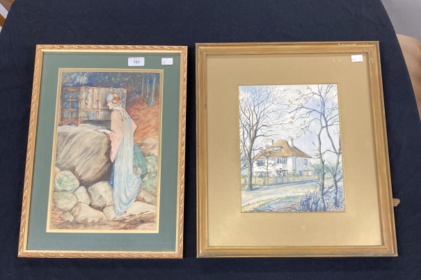 Paintings & Prints: Early-mid 20th century watercolour portrait of art nouveau female figure,