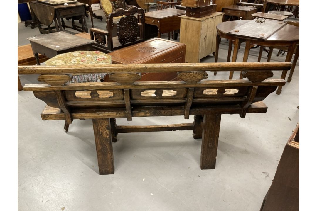 Chinese elm bench with weathered finish, shaped panelled back solid seat on shaped cut out legs with - Image 2 of 2