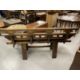 Chinese elm bench with weathered finish, shaped panelled back solid seat on shaped cut out legs with - Image 2 of 2