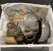 Collectables: Mixed lot - an Orivit pewter jardiniere, a bronze tankard, an oil lamp, copper moulds,