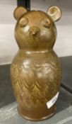 20th cent. Studio pottery money box in the form of an owl, the slip glaze with a pattern to simulate