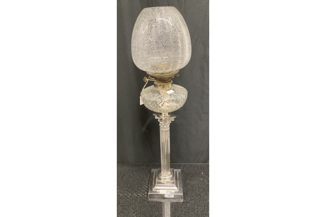 Lighting: Silver plated Corinthian column oil lamp, square stepped base, reeded column, glass