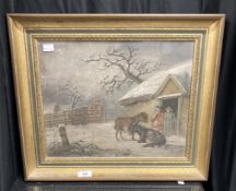 Benjamin Zobel (1762-1831) Attributed To: Sand on board paintings, sheep by a stable, figures by two