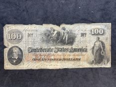 Numismatics: Banknotes Confederate States of America $100 bill, June 6 1862, circulated, well