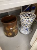 Studio pottery, large glazed terracotta pot in browns and ivories decorated with leaf motifs,