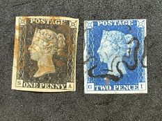 Stamps: GB 1840, SG4, 2d deep blue (GI), three good margins top thinned, WM 2 obliterated by black
