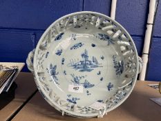 19th cent. Ceramics: Cantagalli Majolica Faience pottery bread basket with pierced side and rope