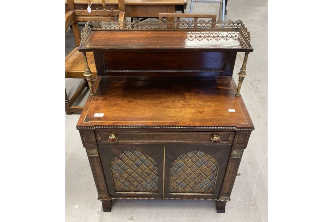 Regency Rosewood chiffonier, the top with brass inlay & turned gilt brass columns supporting a shelf - Image 1 of 4