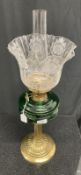 Victorian brass oil lamp with reeded column, green glass font, etched glass shade and Duplex