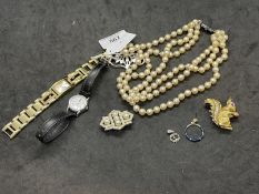 Costume Jewellery: Three brooches, necklet, two watches and a squirrel brooch.
