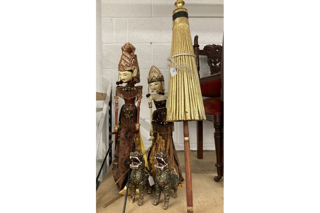 Mid 20th cent. Japanese rod puppets. 29½ins. x 26ins. Plus a pair of Indonesian lion dogs, 10ins and