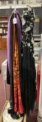 Fashion: Ladies scarves, purple velvet with design of leaves, silk lined. Black silk with velvet