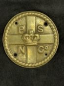 OCEAN LINER: Brass Pacific Steamship Navigation Company circular brass lifeboat plaque. 5ins.